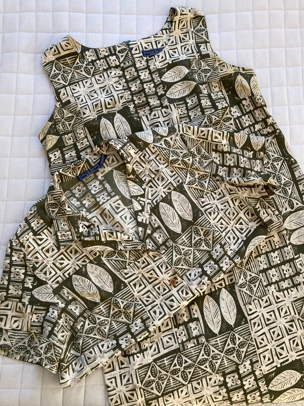 Laura Scott Women’s Olive and Cream Printed Dress with Button-Up Blouse